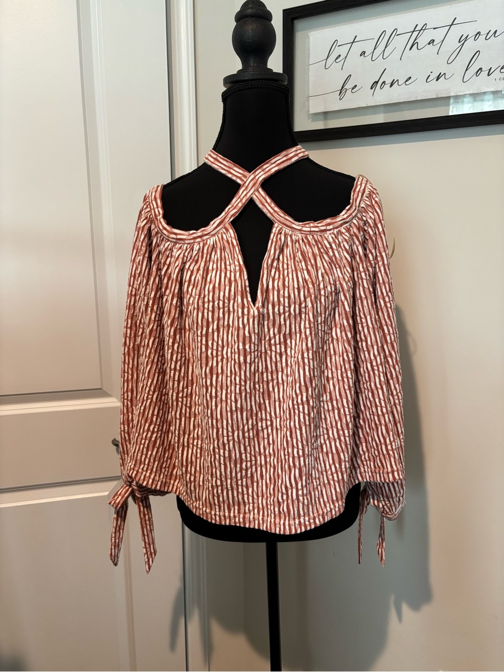 Rust Striped Cold-Shoulder Blouse with Crisscross Halter